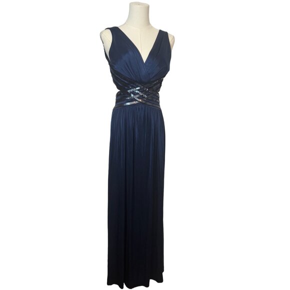 BCBG Navy Blue Small Sleeveless Sequined Formal Gown Dress With V-Neckline - Picture 1 of 16